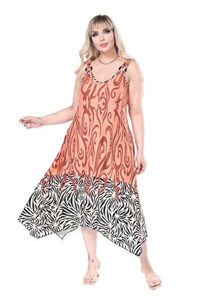 MELSAY Women's Strap V Neck Orange Skirt Striped Pattern Plus Size Dress