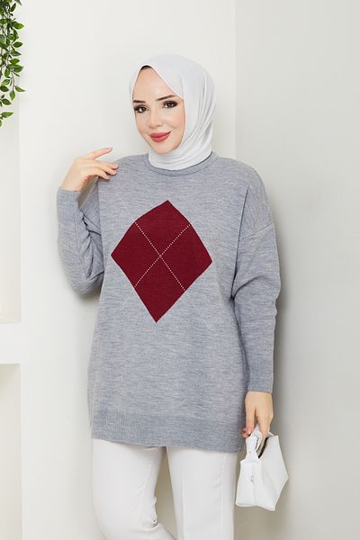 Pamuk Butik Pulover de damă din tricotaj cu model pătrat