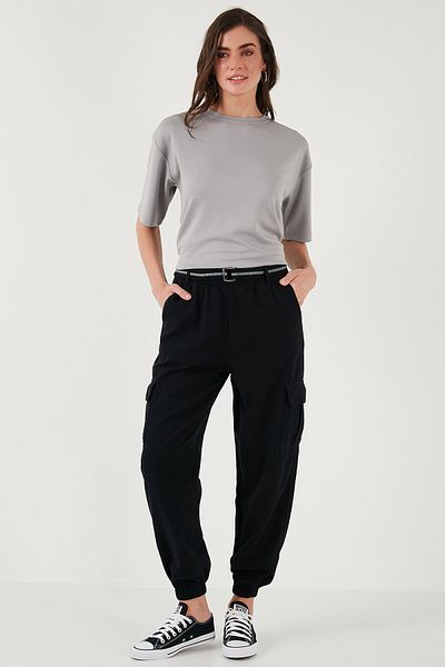 Lela Standard Fit Cotton Jogger Pants Luxury Elasticated Leg Belt Pants 668Yp5045