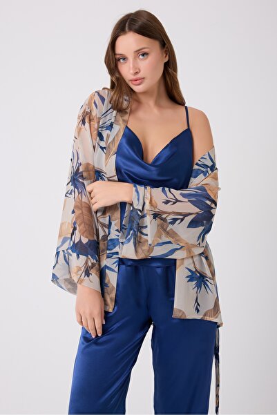 Loomiro طقم بيجامة شيفون 3 قطع من الساتان LMR3111