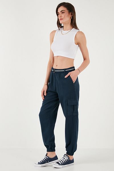 Lela Standard Fit Cotton Jogger Pants Luxury Elasticated Leg Belt Pants 668Yp5045