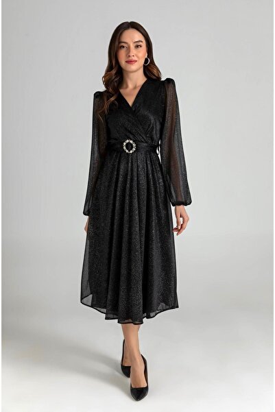 Afiş Butik Černé třpytivé šaty s dvojitým límcem, dlouhými tylovými rukávy a ...