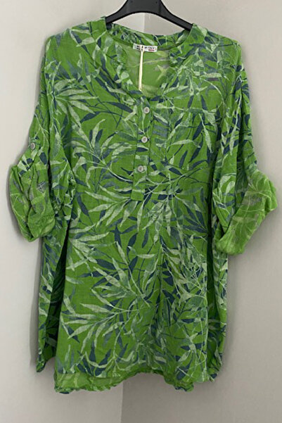AYASOFYA OTANTIK Жіноча італійська зелена блузка з маленьким листяним візерун...
