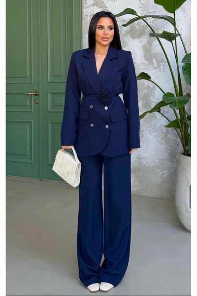 pembekurdelem Navy Blue Women's Jacket and Trousers Set - Rose Detailed