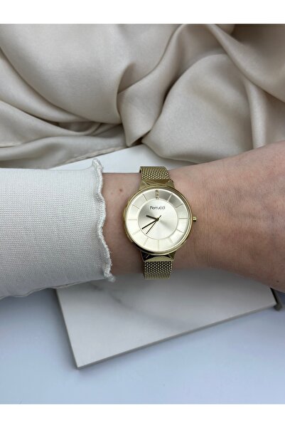 Ferrucci Gold Hasır Kordon Taşlı  Minimal Ferrucci Kadın Saati
