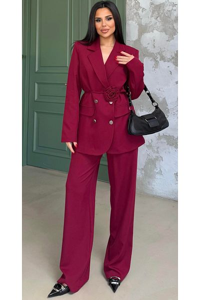 pembekurdelem Burgundy Women's Jacket and Trousers Set - Rose Detailed