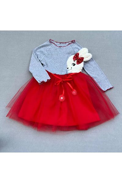 RUBY BOUTİQUE Plush Rabbit Patterned Ribbon Belted Lined Girl's Tutu Dress Red