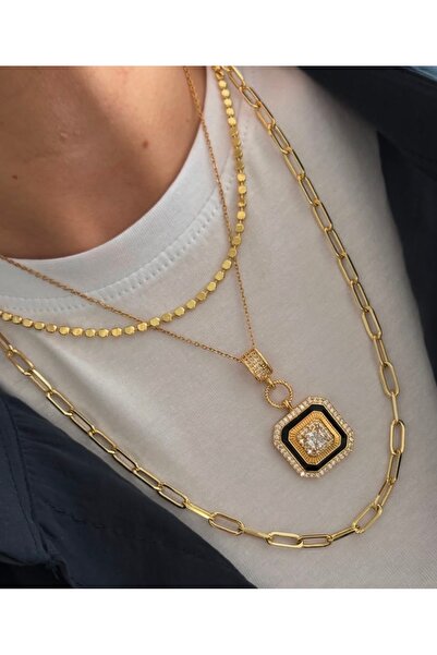 mibrillo Çelik 3 Lü Kolye ( Üçlü Kolye ( Ezme Kolye , Ataç Zincir Kolye , Zir...