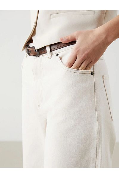 LC Waikiki Lcw Jeans Ecru Waist Belt Wide Wideleg Women's Ecru Jeans Pants