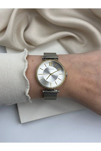 Ferrucci Çift Renk Gümüş ve Gold Hasır Kordon Sıra Taşlı Ferrucci Kadın Saati