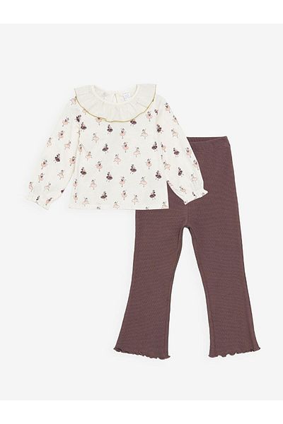 LC Waikiki Crew Neck Long Sleeve Printed Baby Girl Blouse and Leggings Pants Set of 2
