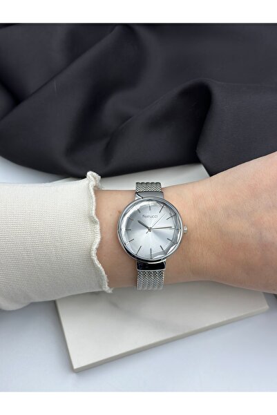 Ferrucci Kristal Kesim Camlı Gümüş Hasır Kordon Şık Tasarım Ferrucci Kadın Saati