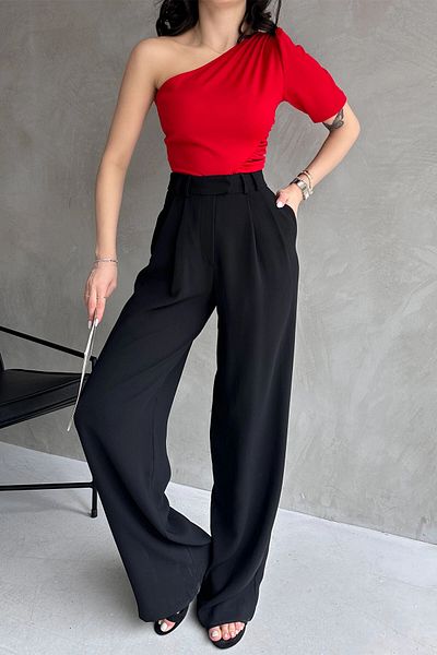 bacc Women's Red One Shoulder Princess Sleeve Crepe Blouse Bcdf- 252159