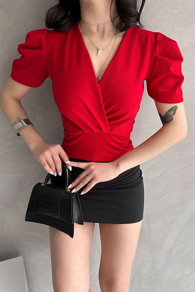 bacc Women's Red Double Breasted Collar Watermelon Sleeve Crepe Blouse Bcdf- 252165
