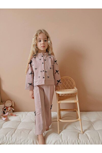 ARBİ kids Kız Çocuk Fiyonk Detay Çıt Çıt Düğmeli Şık Üst Alt Likralı Pantolon Takım Bayramlık