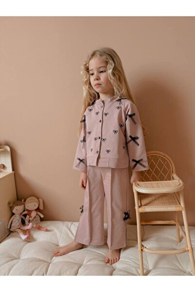 ARBİ kids Kız Çocuk Fiyonk Detay Çıt Çıt Düğmeli Şık Üst Alt Likralı Pantolon Takım Bayramlık