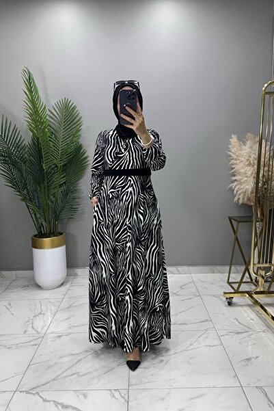 Genel Markalar MİNA CEPLİ ELBİSE Dokuma Krep Kumaş Kadın Zebra Desenli Kollar...