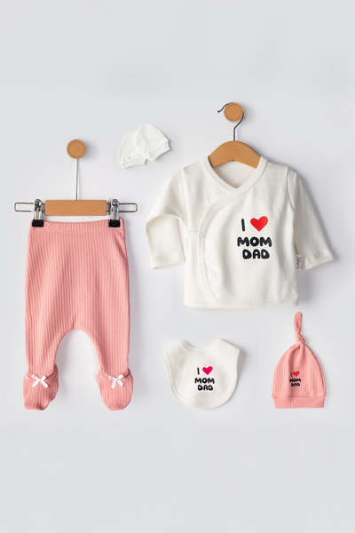 CHIC Newborn Hospital Release Set 5 Pieces I Love Mom Dad 100% Cotton – 0-3 Months