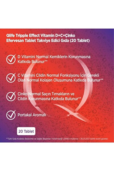 Qlife Efervesan Günlük Vitamin Takviyesi Tripple Effect C Vitamini D Vitamini Çinko 20 Efervesan Tablet
