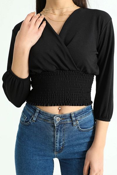 Modabenna Bluză neagră cu guler dublu, tunică Crop Trend New Season Krop Body