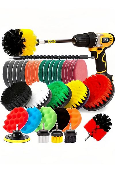 COOYA 37 Pcs Drill Brush Attachments Set, Scrub Pads/Tile Sponge with Long Extension