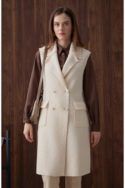 Fatma Atasoy Pearl Button Ecru Teddy Vest
