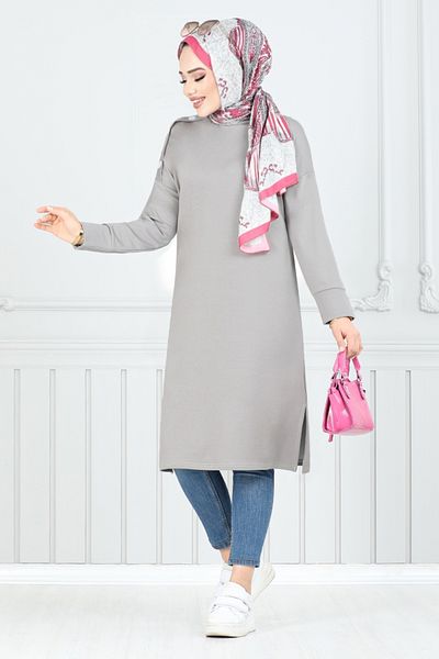 ModaMerve Γκρι Hijab Tunic - Κουμπί στους ώμους, Μοντέλο 2695AYD969-M