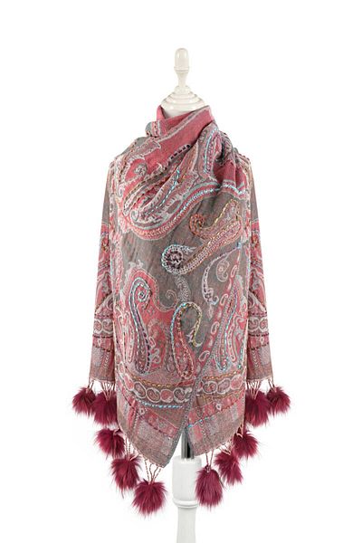 Bursa İpek Dusty Rose Washed Wool Pompom Shawl