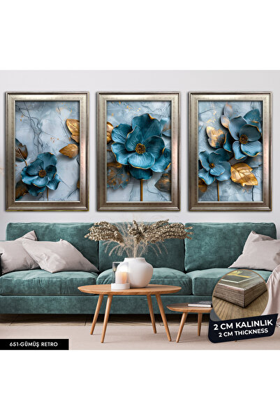 Evinemoda Blue Flower with Gold Leaves 3 Piece Framed Painting Cvplk