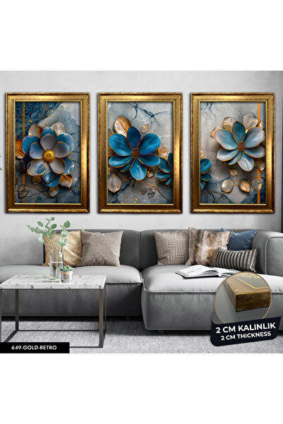 Evinemoda Mavi Çiçek 3 Parça Çerçeveli Tablo CVPLK