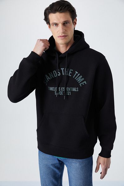 GRIMELANGE Wulf Men's Fleece Hooded Black Sweatshirt - Organic Fabric with Kangaroo Pockets