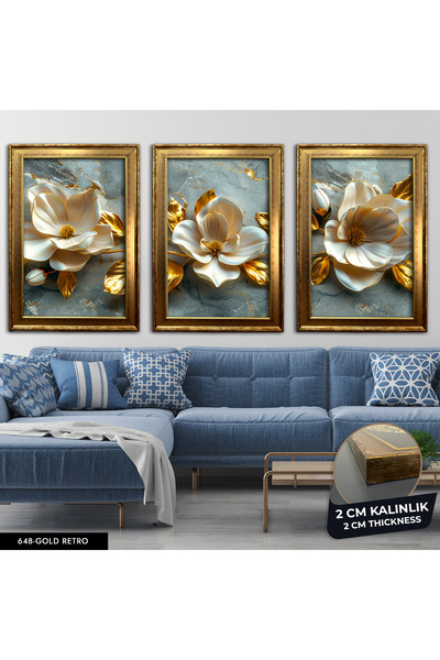 Evinemoda Gold Yapraklı Beyaz Çiçek 3 Parça Çerçeveli Tablo CVPLK