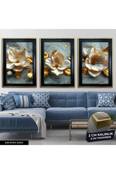 Evinemoda Gold Yapraklı Beyaz Çiçek 3 Parça Çerçeveli Tablo CVPLK