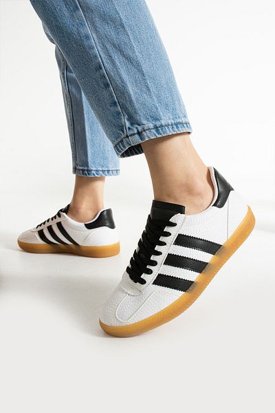 İnan Ayakkabı Women's White/Black Stripe 1St Quality Vegan Leather Sneakers (Sole 3 cm)