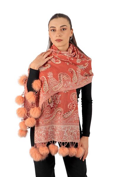 Bursa İpek Salmon Washed Wool Pompom Shawl