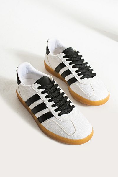 İnan Ayakkabı Women's White/Black Stripe 1St Quality Vegan Leather Sneakers (Sole 3 cm)