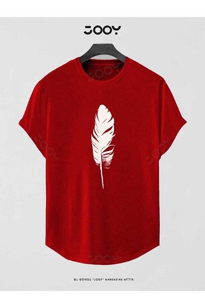 Jooy Red Feather Printed Oval Cut Slim Fit T-Shirt