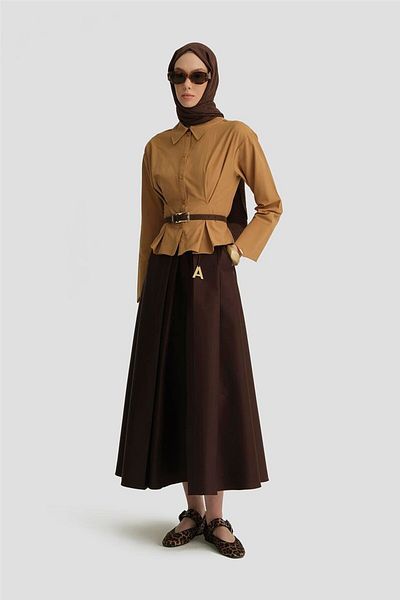 Armine 25Y1807 Model Asymmetrical Cut Brown Pleated Skirt