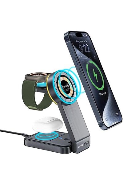 Promate 3-in-1 Charging Station, 15W MagSafe, 3W Smartwatch, 5W AirPods, Night Light, TransFold