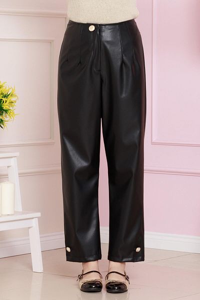 Sevitli Pantaloni din piele cu detaliu nasturi-negri
