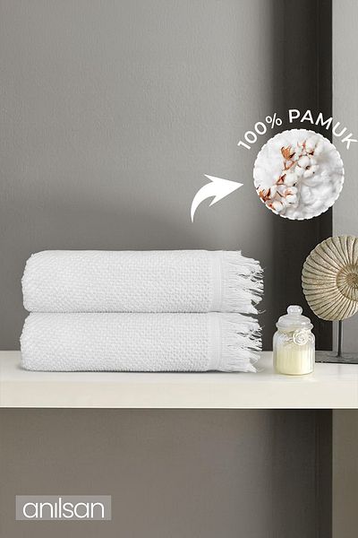 Anılsan Set of 2 Jelena White Bath Towels - 70X140 Cm, 490 Gr, 100% Cotton, Spa and Hotel Towels, Daily Use