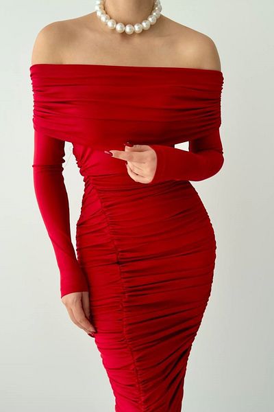 WOMAN VISION Γυναικείο κόκκινο αμμώδες ύφασμα με φαρδιά στράπλες λαιμόκοψη Μίντι βραδινό φόρεμα 305