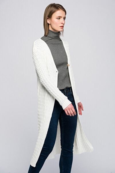 Sense Трикотажний кардиган з V-подібним вирізом, плетеним коміром і одним ґудзиком | Trk18294 Екрю