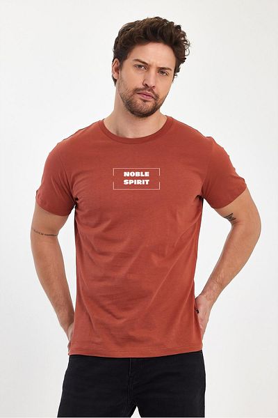 FİHA Ανδρικό μπλουζάκι με στάμπα συμπαγές O-Neck Copper Brown
