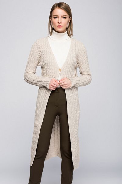Sense Sheet Knitted V-Neck Single Button Long Knitwear Cardigan| Trk18294 Beige