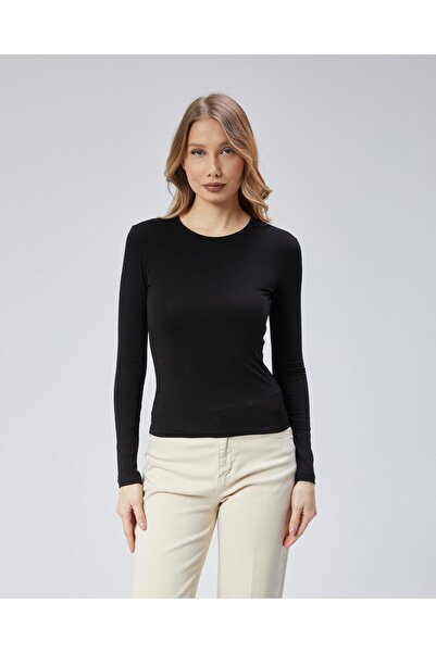 Virago Мека памучна блуза с дълъг ръкав и обло деколте/боди