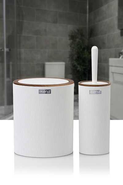 Okyanus Home Σετ κουβά και βούρτσα WC 2 τεμαχίων με ριγέ στρογγυλό σχέδιο Mina White