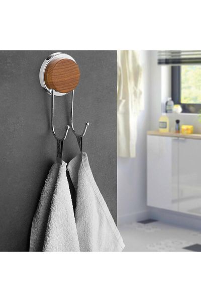 Okyanus Home Διπλή κρεμάστρα Magic Fix Magic Sticky Chrome με ξύλινο σχέδιο