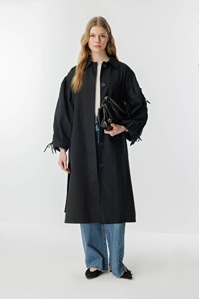 Hooopstore Rose Pelerin Detaylı Siyah Trençkot