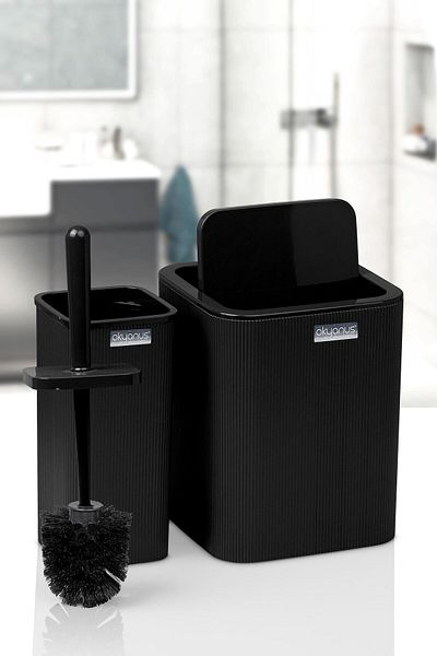 Okyanus Home Mina Μαύρο ριγέ τετράγωνο σετ 2 κουβάς WC και βούρτσα